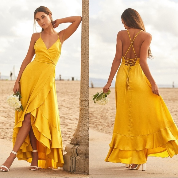 NWOT‎ Lulus In Love Forever Mustard Yellow Satin Lace-Up High-Low Maxi Dress - Picture 1 of 10